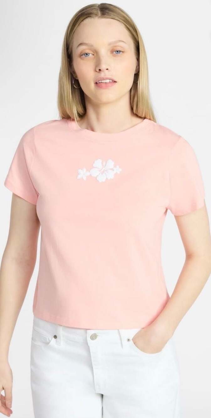 No Boundaries Women's Cropped Cotton Graphic Tee with Hibiscus Flower Embroidery